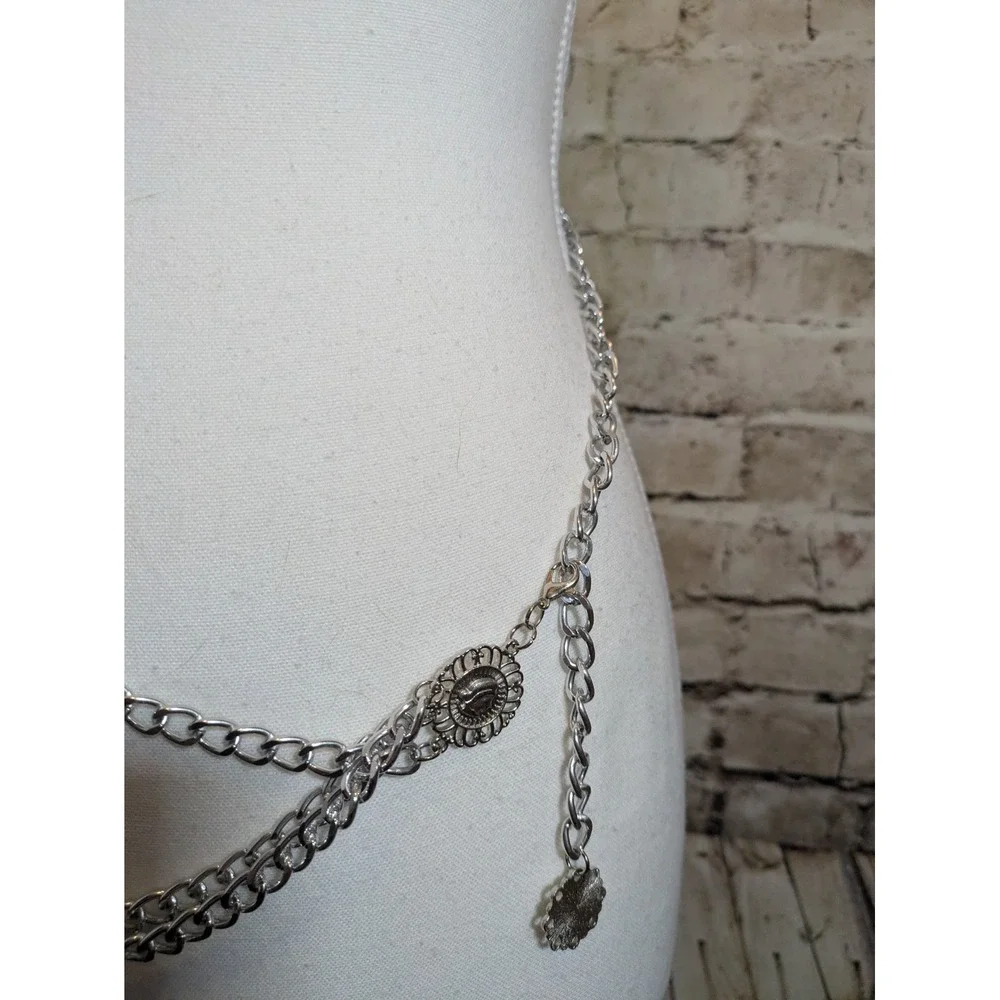 Silver Tone Chain Belt With Coin Accents Fully Adjustable Lightweight Aluminum